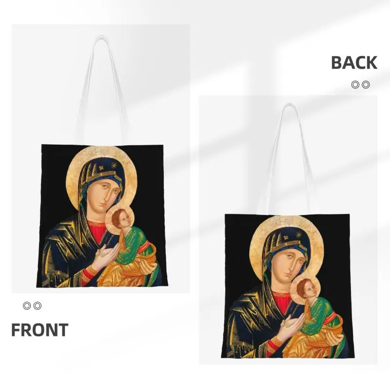 Funny Print Our Lady Of Perpetual Help Tote Shopping Bags Recycling Canvas Shoulder Shopper Catholic Virgin Mary Handbag