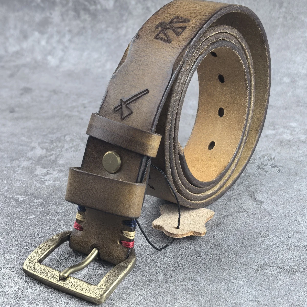 手作りヴィンテージベルト、銅製バックル付き、メンズトップレイヤー純牛革ジーンズスタイル、若者向けトレンディウエストベルト
