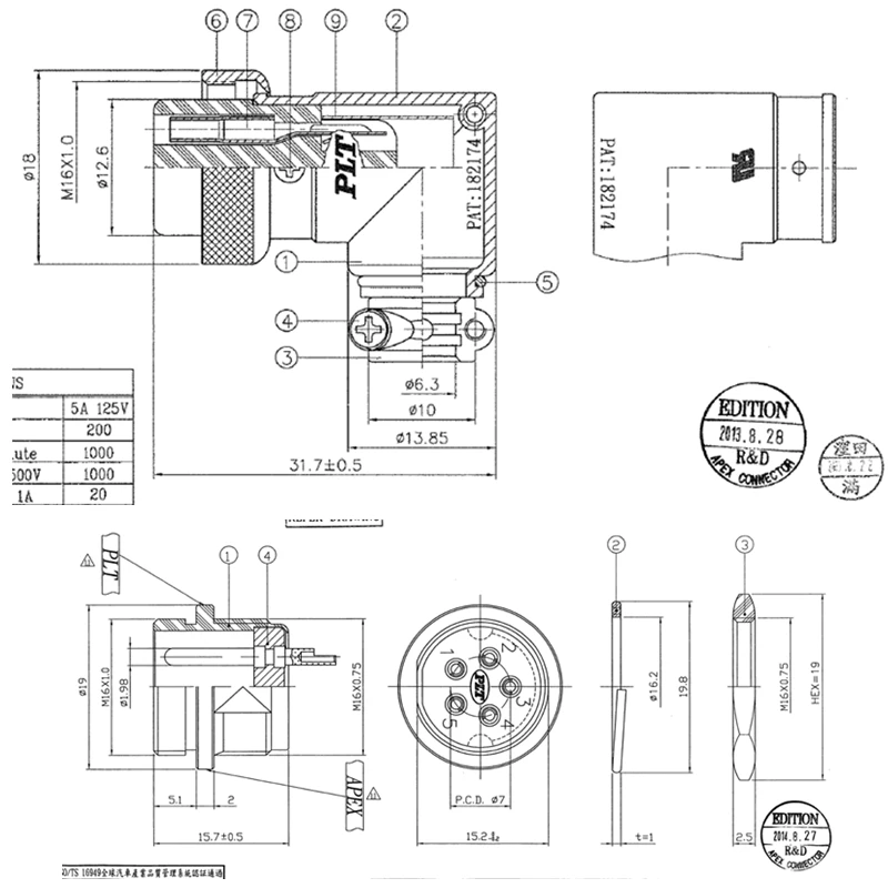 PLT-162-LP-R PLT-162-R-R PAT:182174 APEX Made inTAIWAN 2pin 90°curved Circular Aviation Socket Plug Panel Connector UL RoHS TUV
