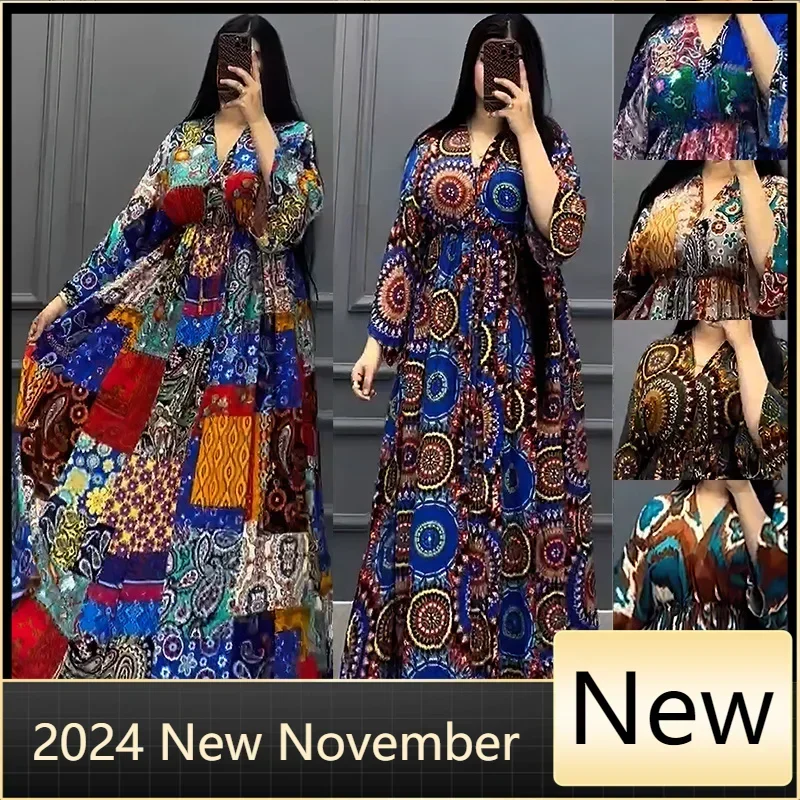 African Print Dresses for Women Summer Long Sleeve V-neck High Waist Polyester Long Maxi Dress Gowns Dashiki African Clothes