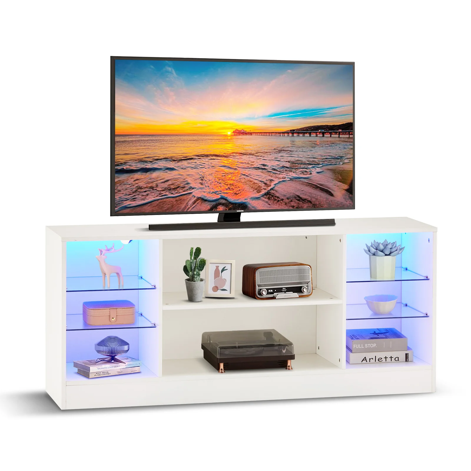 Armoire TV avec éclairage LED, 8 compartiments de rangement, jusqu'à 55 pouces