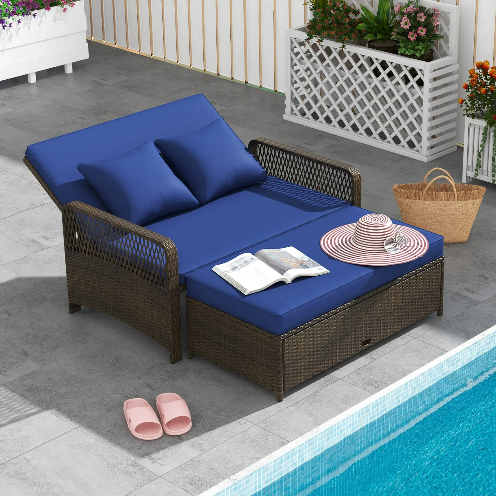 

Patio Rattan Daybed Wicker Loveseat Sofa w/ Multifunctional Ottoman Navy