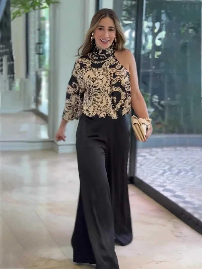 

Elegant Commuter Two Piece Set Spring Fashion New High Neck Asymmetric Printed Top High Waist Solid Color Wide Leg Pants Set