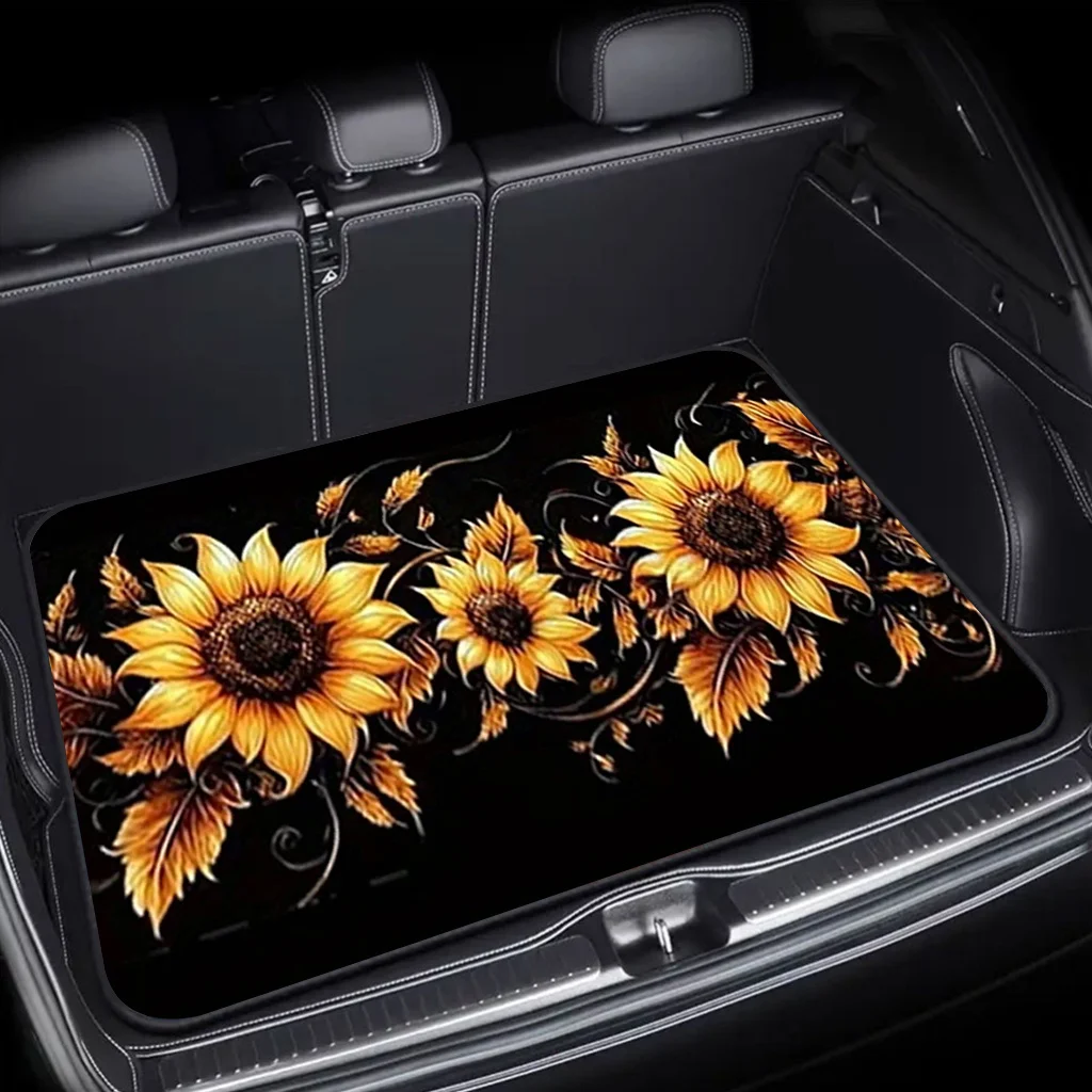 1pc Hand-Painted Sunflower Floral Car Trunk Mat, Durable And Machine Washable, Suitable For Sedans, Trucks, And SUVs, Premium Ca