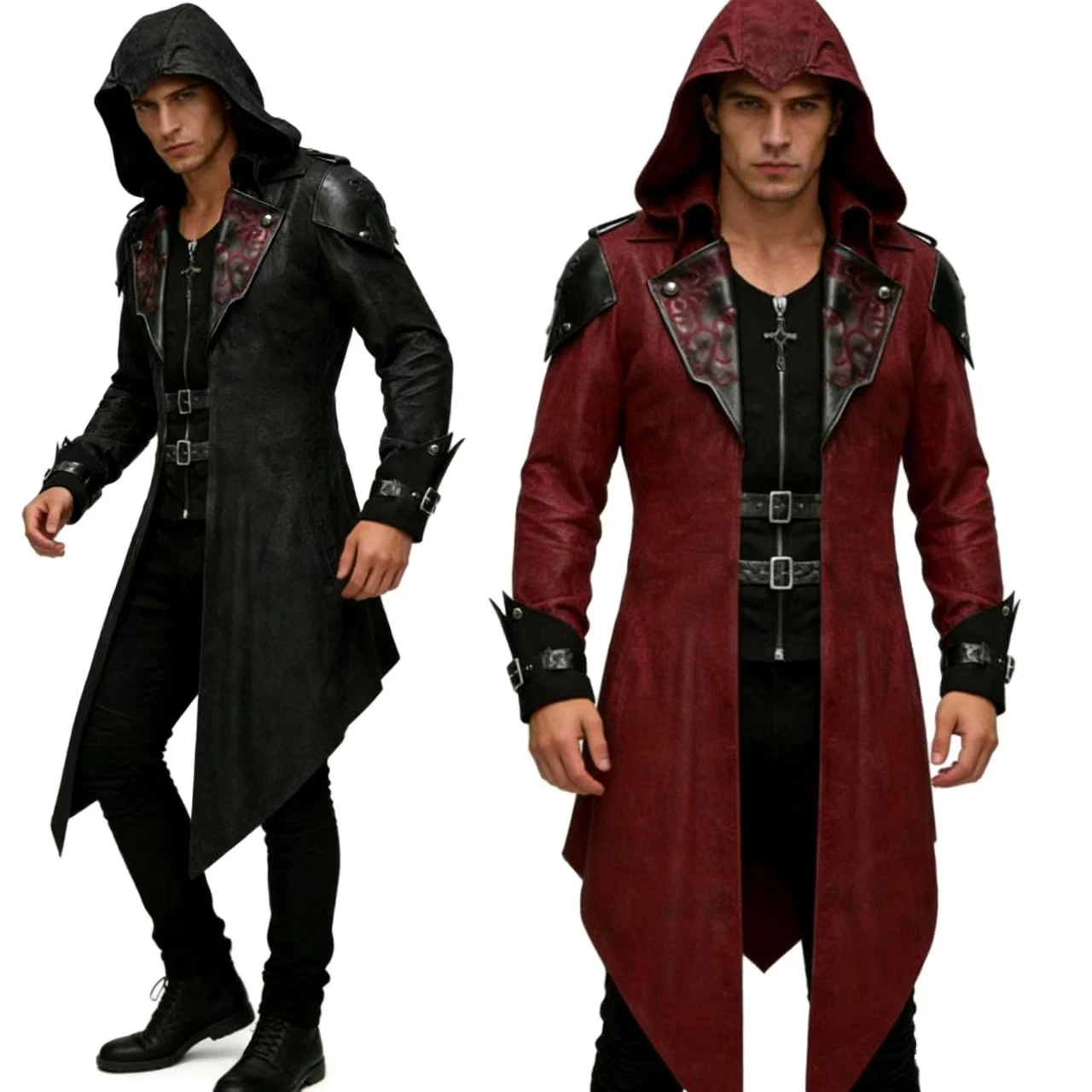 Chaqueta de esmoquin Vintage Steampunk para hombre, bata Medieval renacentista con capucha, disfraz de vampiro para Halloween, abrigo gótico