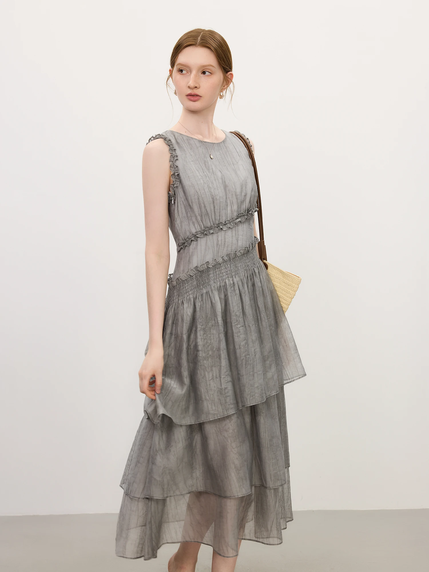 2026 Textured Pleat Dress - Fluid Asymmetric Hem Sleeveless Resort to Office Elegant Silhouette​ ​FSLE Summer