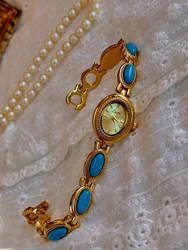 1 Piece of French Fashionable and Elegant Women's Watch with Artificial Turquoise Gemstone Inlaid Strap, 30m Waterproof Oval Quartz Watch with Classic Vintage Dial, Suitable for Daily Wear