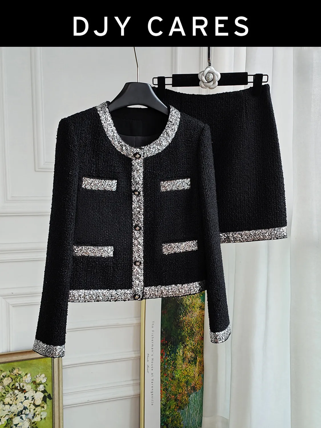 New Black tweed color blocked jacket half skirt set big size