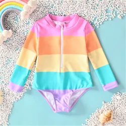 PatPat Toddler Girls Rainbow Striped One-Piece Swimsuit with Heart-Shaped Zipper Suitable for Summer Season Comfortable