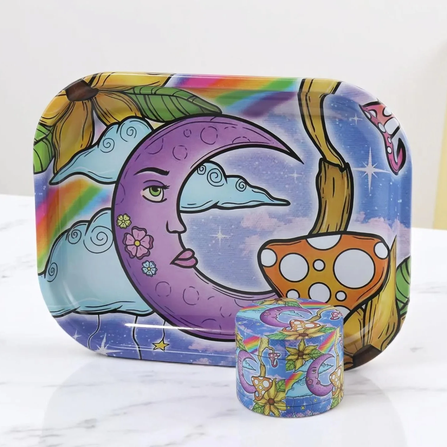 1/2 قطعة مطحنة أعشاب الشمس على شكل قمر أرجواني وصينية لف #1