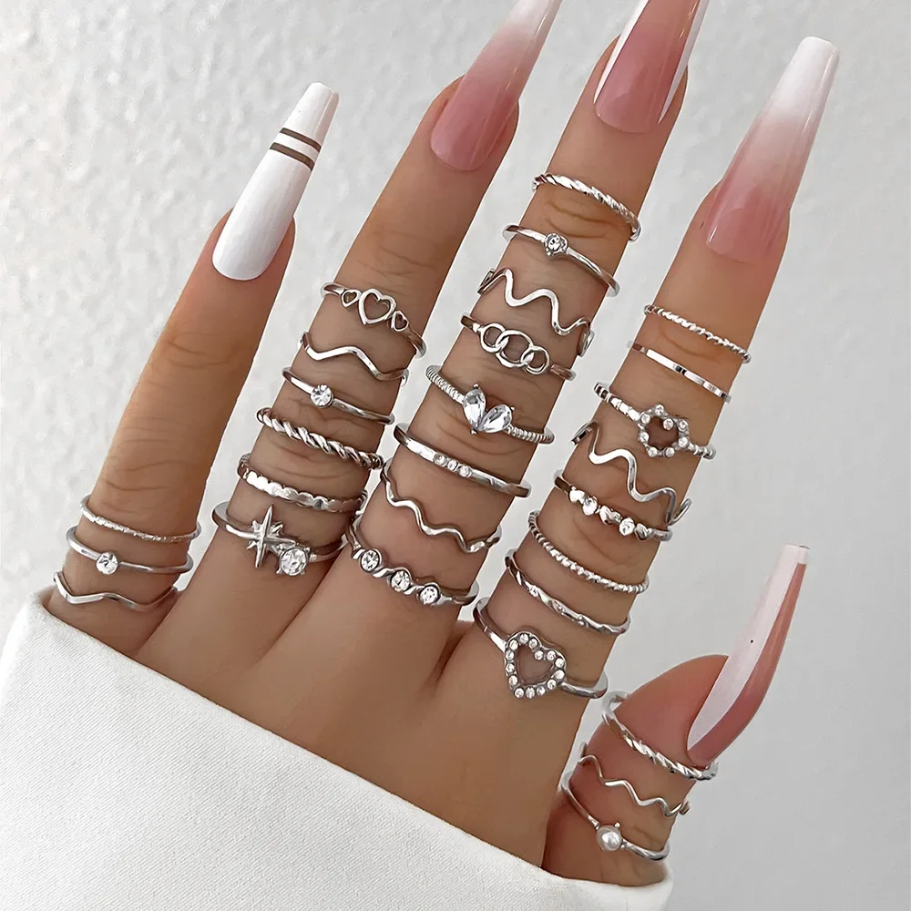 28Pcs Fashion Geometric Knuckle Rings Set For Women Crystal Heart Gold Silver Color Rings Girls  Party Jewelry Accessories