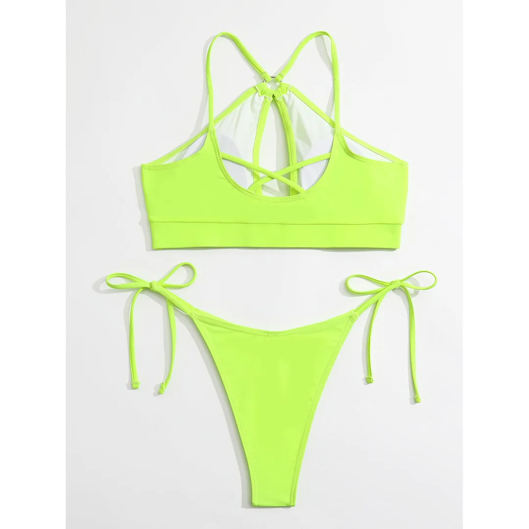 Ausgeschnittener Neckholder-Bikini, Damen-Badeanzug, zweiteiliges Bikini-Set, gepolstert, mit Trägern, Badebekleidung, Damen-Badeanzug, V3423 – Detail 40
