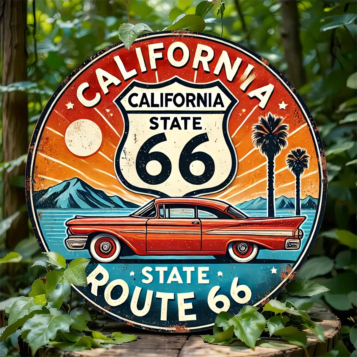 لافتة معدنية مسطحة مطبوعة 2D 7.8X7.8 بوصة (20 × 20 سم) 2D، لافتة معدنية عتيقة طريق كاليفورنيا 66 - لوحة فنية جدارية كلاسيكية مستديرة، مثالية f