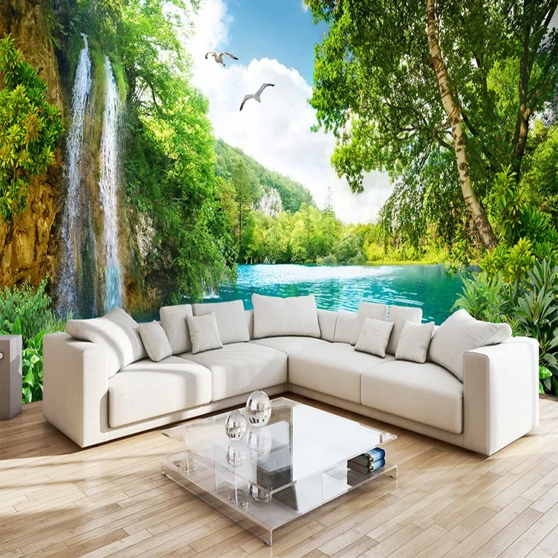 Murales personalizados 3D de Montaña Verde, cascada, naturaleza, paisaje, papel tapiz fotográfico, tela de pared, sala de estar, decoración del hogar, revestimiento de paredes 3 D