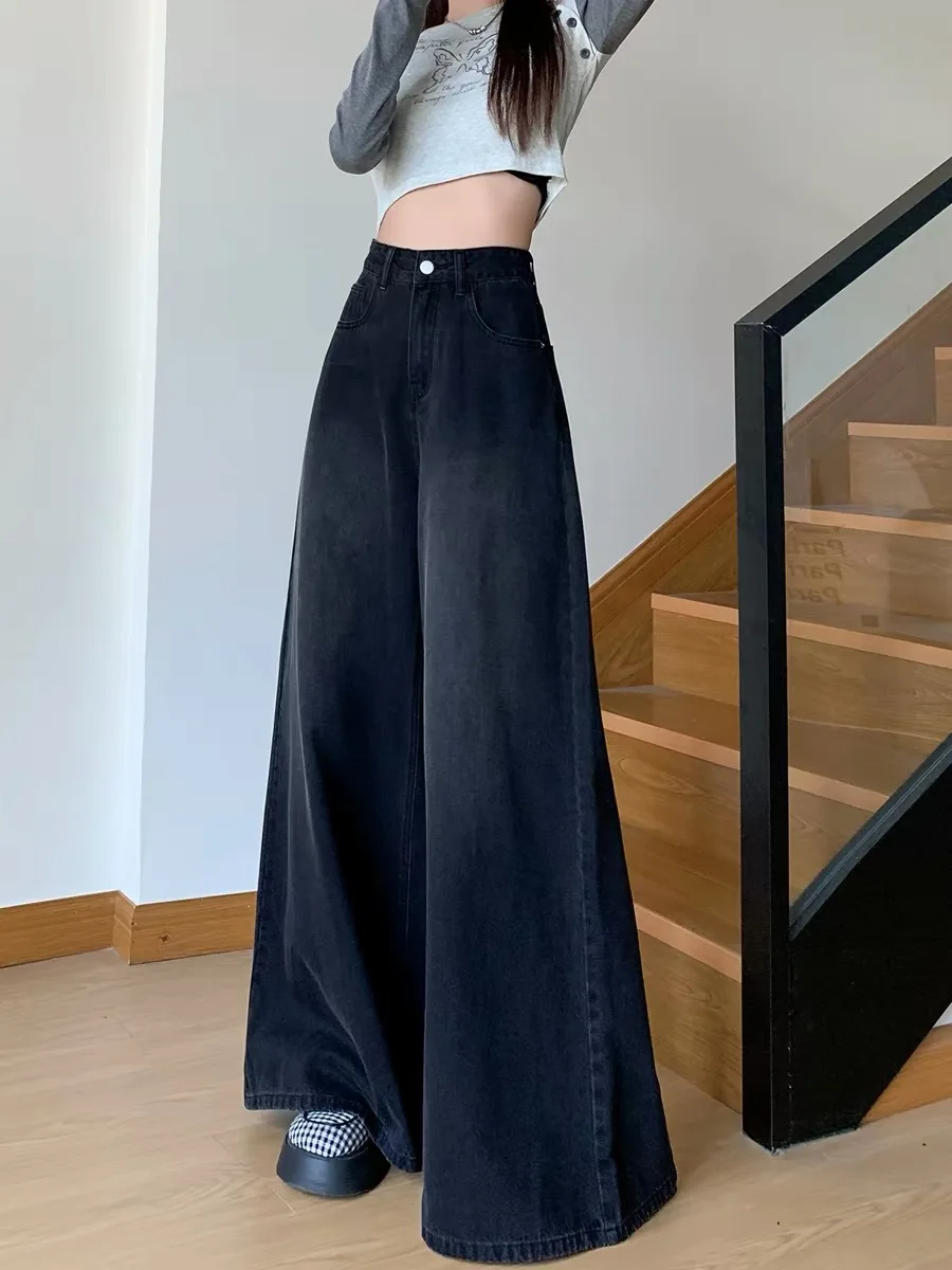 

Large Wide Leg Jeans Women's Spring Summer New Lazy Draping Floor-Length Distressed Denim High Waist Zipper Pocket Pure Color