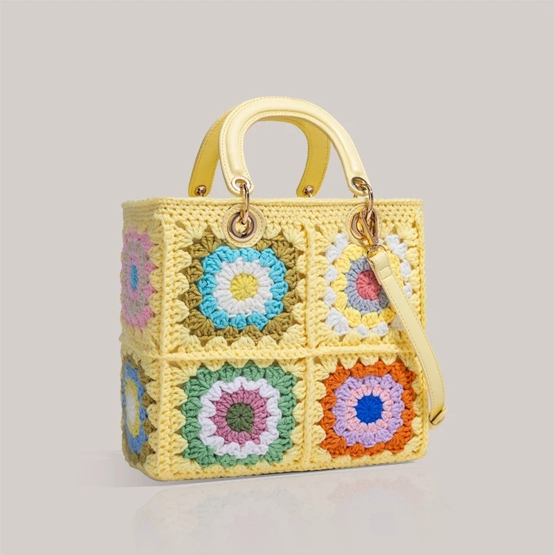 

Bohemian Granny SquareCrochet Women Handbags Vintage Wooden Knitted Hand Bags Handmade Woven Large Tote Big Shopper Purses 2025