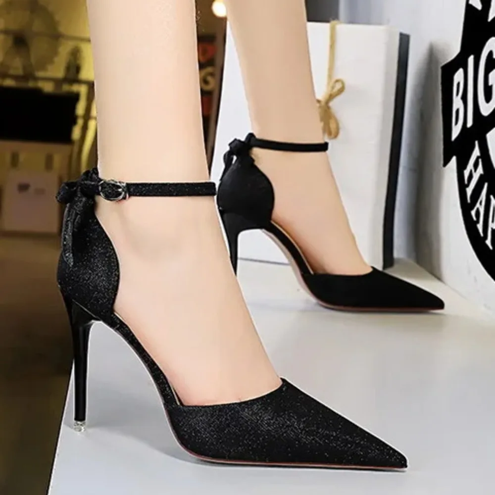 Women Pumps New Style Slim High Middle Heels Shallow Notched Pointed Hollow Out One Bow Strap Sandals Ladies Shoes туфли женские