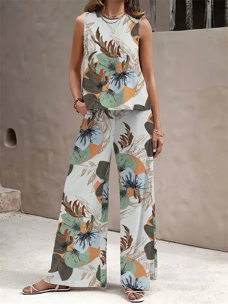 Ensemble 2 pièces haut à col rond sans manches et pantalon Long décontracté, imprimé Floral frais en 3D, mode de rue urbaine, été