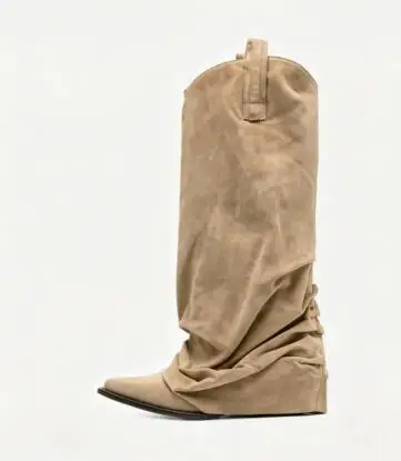 Women Apricot Suede Slouchy Knee High Cowboy Pants Boots Pointed Toe Embroidery Western Mid Calf Stacked Square Heels Boots