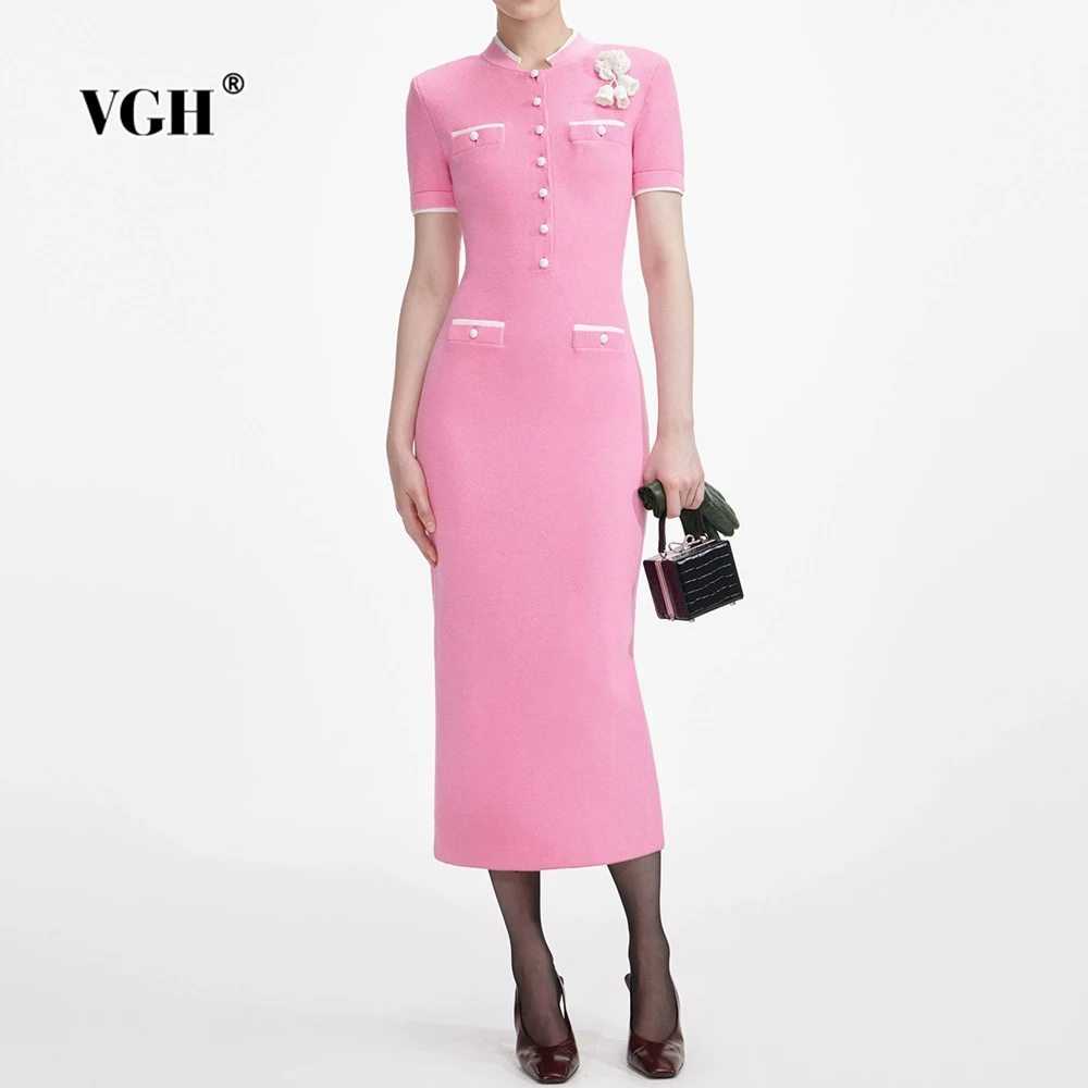 

VGH Slim Fit Designer Spliced Appliques Dresses For Women Round Neck Short Sleeve High Waist Temperament Dress Female Fashion