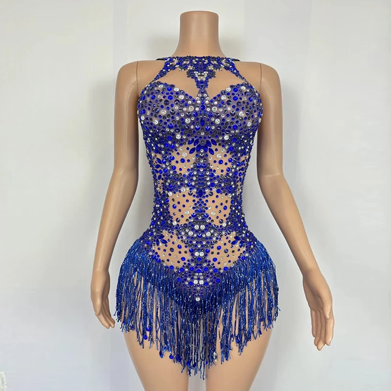 Gogo Dancer Clothing Women Nightclub Carnival Costume Festival Party Show Rave Wear Blue Tassel Glitter Costume Female