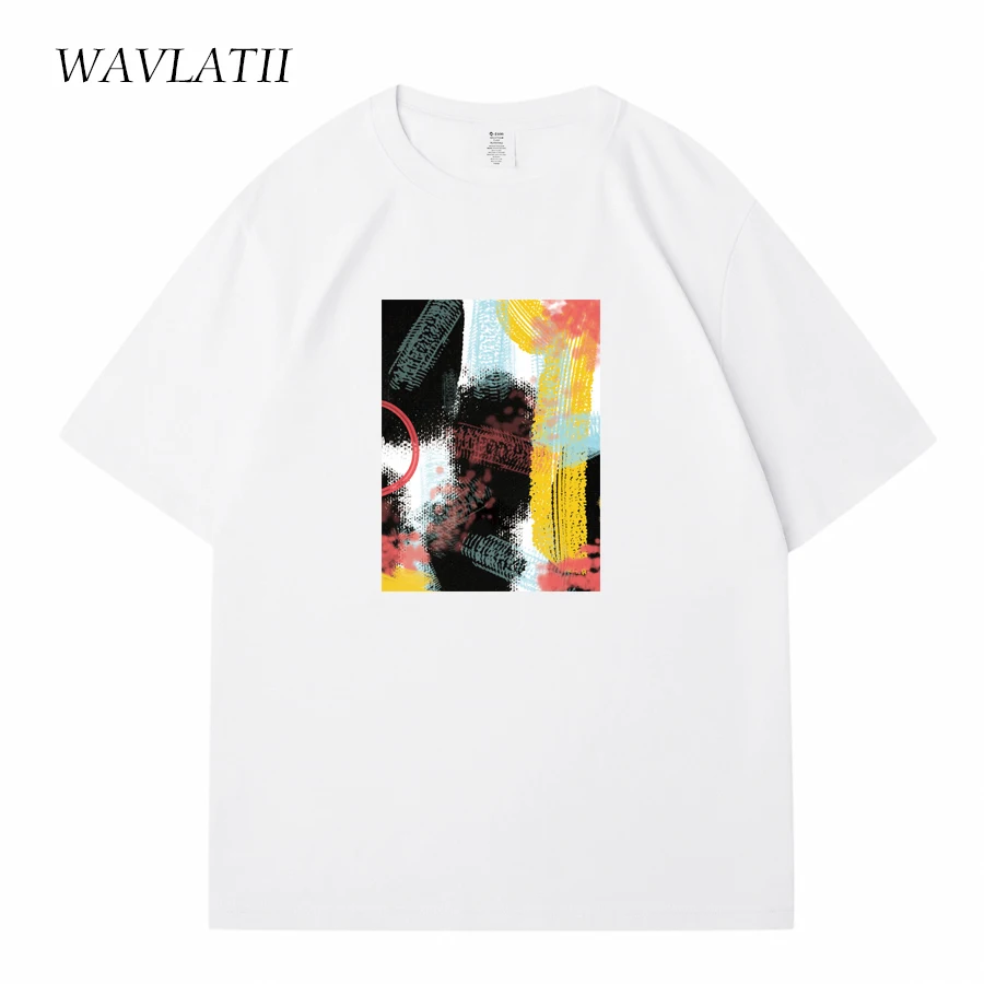 WAVLATII New Women Geometric Printed T shirts Unisex Men Fashion Cotton Streetwear Khaki Summer Short Sleeve Tees Tops WT2314