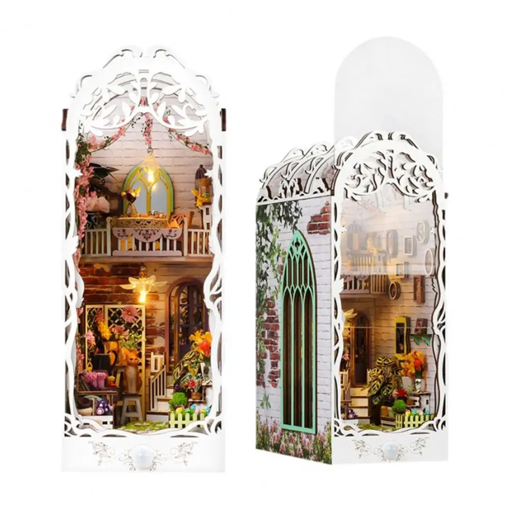 Bookend Model Diy Kit Wooden Puzzle House Diy Kit with Led 3d Miniature House Diorama Bookshelf Insert Decor for Adults