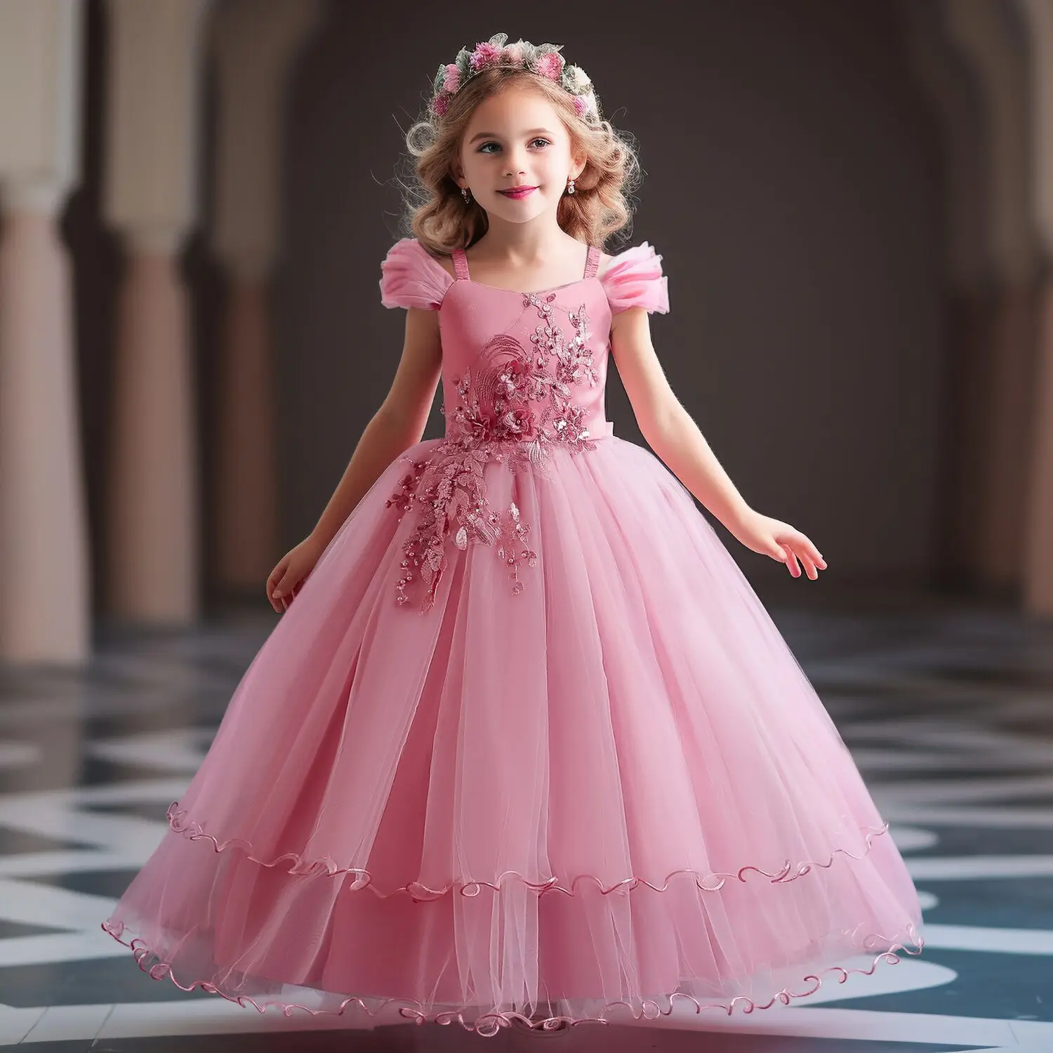 Teens Girls Dresses for Wedding Evening Kids Appliques Flower Princess Birthday Party Long Gown Girls Vestidos Banquet Dress