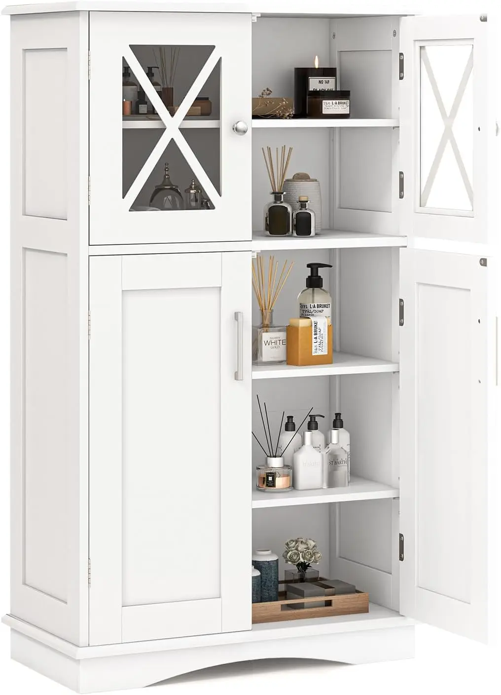 

Freestanding Floor Cabinet with 2 Glass Doors, 3 Adjustable Shelves, Anti-Toppling, White Kitchen Pantry for Bathroom & Living R