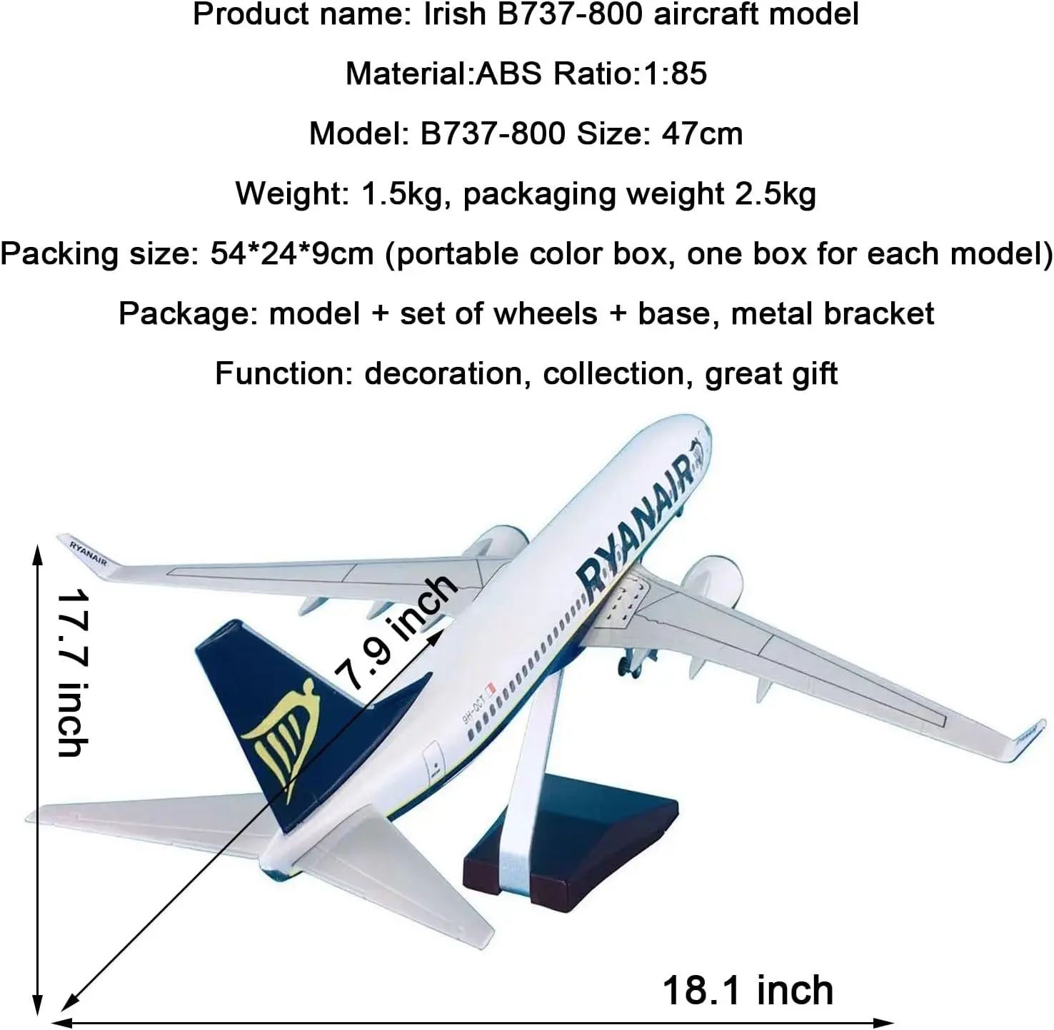 Escala 1:85 47cm decoración del hogar 737 modelo de avión Ryanair Irlanda B737-800 modelo de avión de resina fundida a presión con luces LED