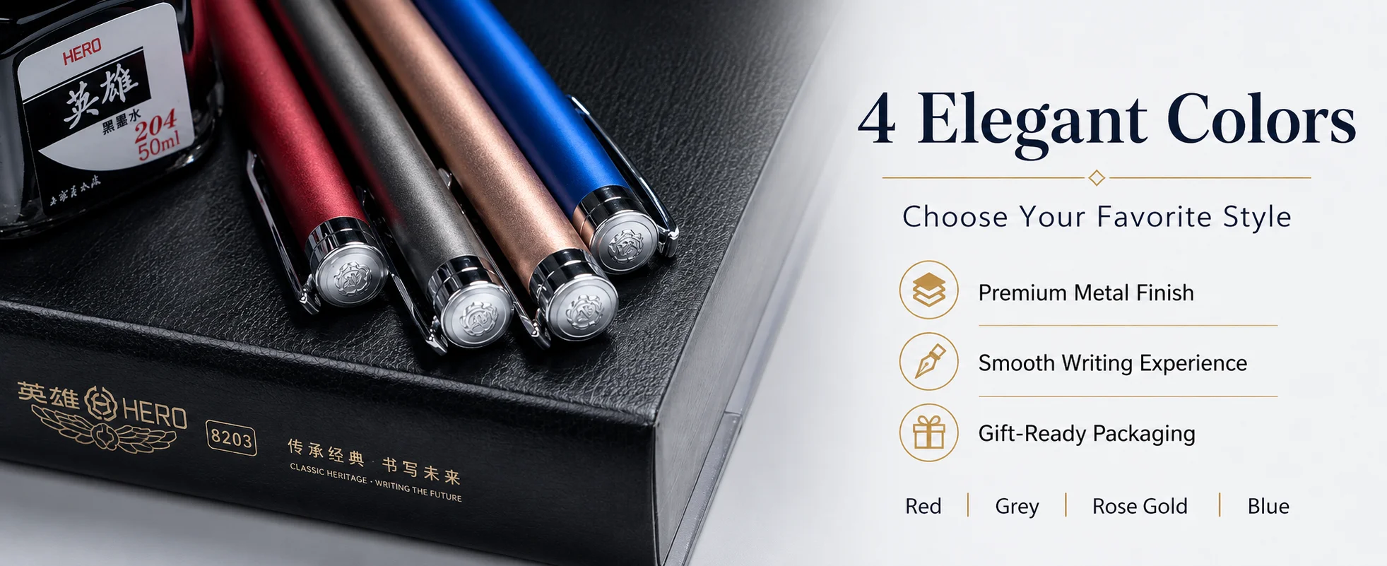 HERO 8203 Füllfederhalter, 0,5 mm Edelstahl-Iridium-Feder, 4 Farben, Geschenkbox, drehbarer Tintenkonverter, rutschfest zum Schreiben – Detail 8