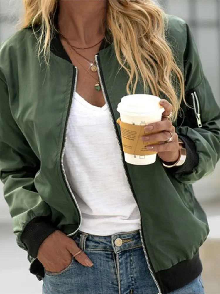 

Women Bomber Casual Jacket 2025 Spring Autumn Solid Color Spring Coat Long Sleeve Stand Collar Zipper Basic Motorcycle Jackets