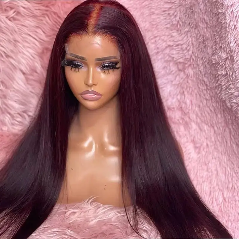 

Мягкий, 26 дюймов, плотность 180, бордовый, длинный, шелковистый, прямой, парик спереди, для женщин, детские волосы, предварительно выщипанные, термостойкие, бесклеевые, на каждый день