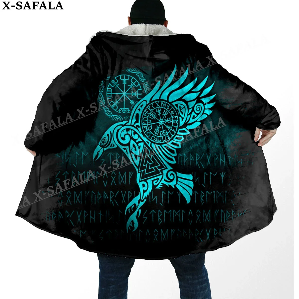 Norse Mythology Vegvisir Viking Symbol Thick Warm Hooded Cloak Men Overcoat Coat Windproof Fleece Cape Robe Hooded Blanket-7