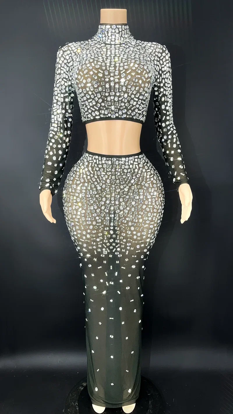 حجر الراين الزي أعلى تنورة طويلة مثير شفافة قطعتين مجموعة مهمة مكان الحفلة فستان الاحتفال فستان عيد ميلاد