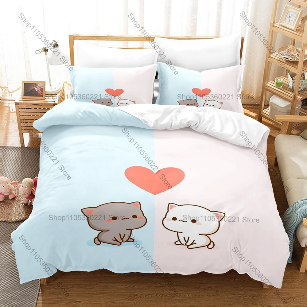 Personality Adorable Peach And Goma Cat Bedding Set New Sweet Couple Printed Duvet Cover Soft Bed Set For Girls Kids Room