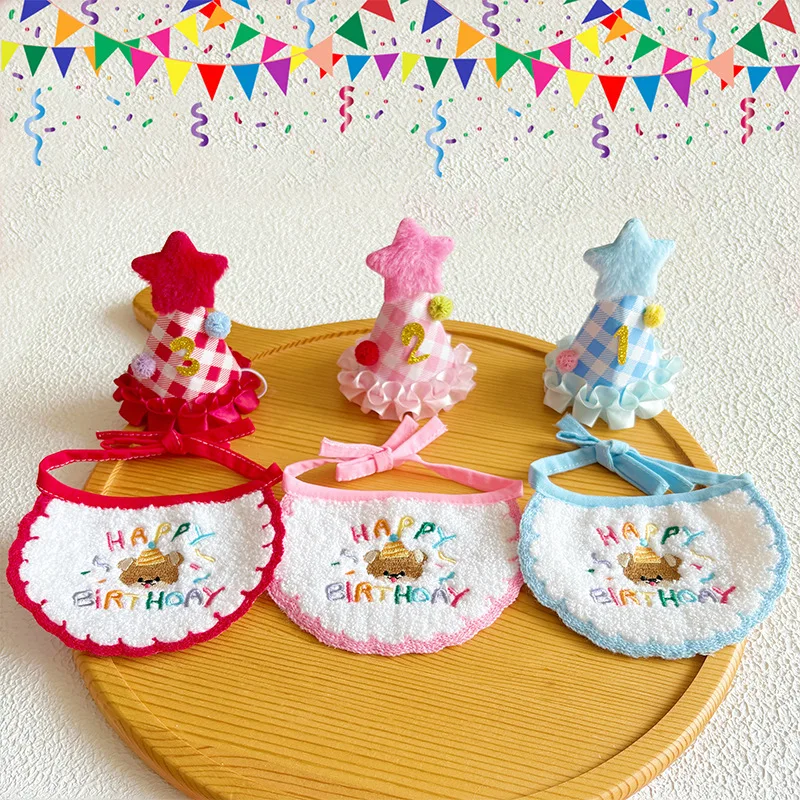 Cat Birthday Set Kitty Birth Hat and Bib Number Dog's Birthday Celebration Bib Cute Decorative Embroidered Star Hats Accessories