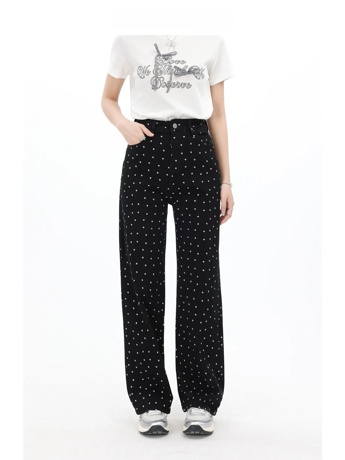 

Джинсы Xinmon с высокой талией, свободного кроя, с цветочным принтом, черные, прямые, женские, летние, повседневные, длинные брюки с эффектом похудения