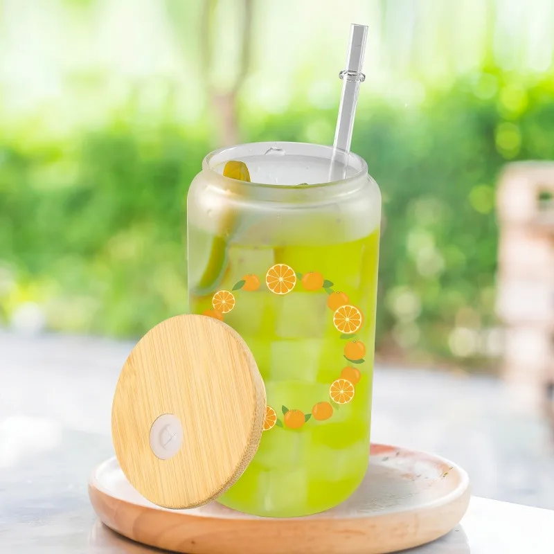 4PCS 16Oz Frosted Straw Water Bottle with Bamboo Lid Iced Coffee Cup for Cold Drink Tea Beverages DIY Gifts Reusable Drinkware