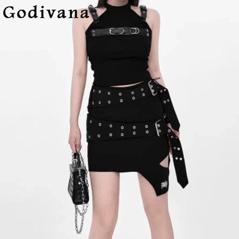 

New Spring Summer Personalized Punk Double Belt Short Skirt Fashion Girl Heavy Industry Irregular Versatile Chic Street Skirts