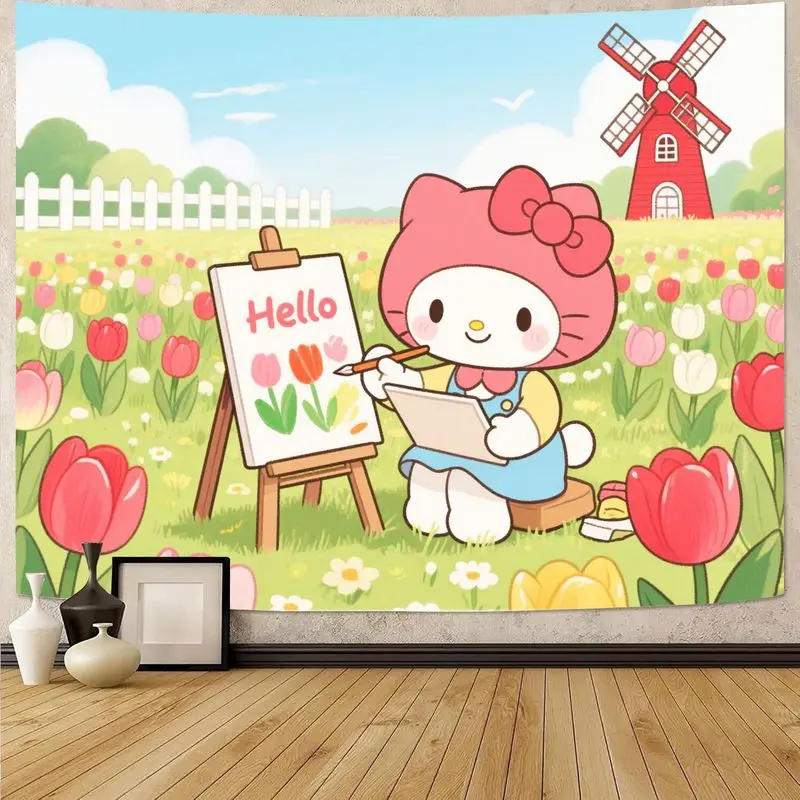

1 шт., My Melody Kawaii, розовый тюльпан, полевой гобелен, эстетический полиэстер, настенное искусство для девочек, декор для спальни, общежития, подарок