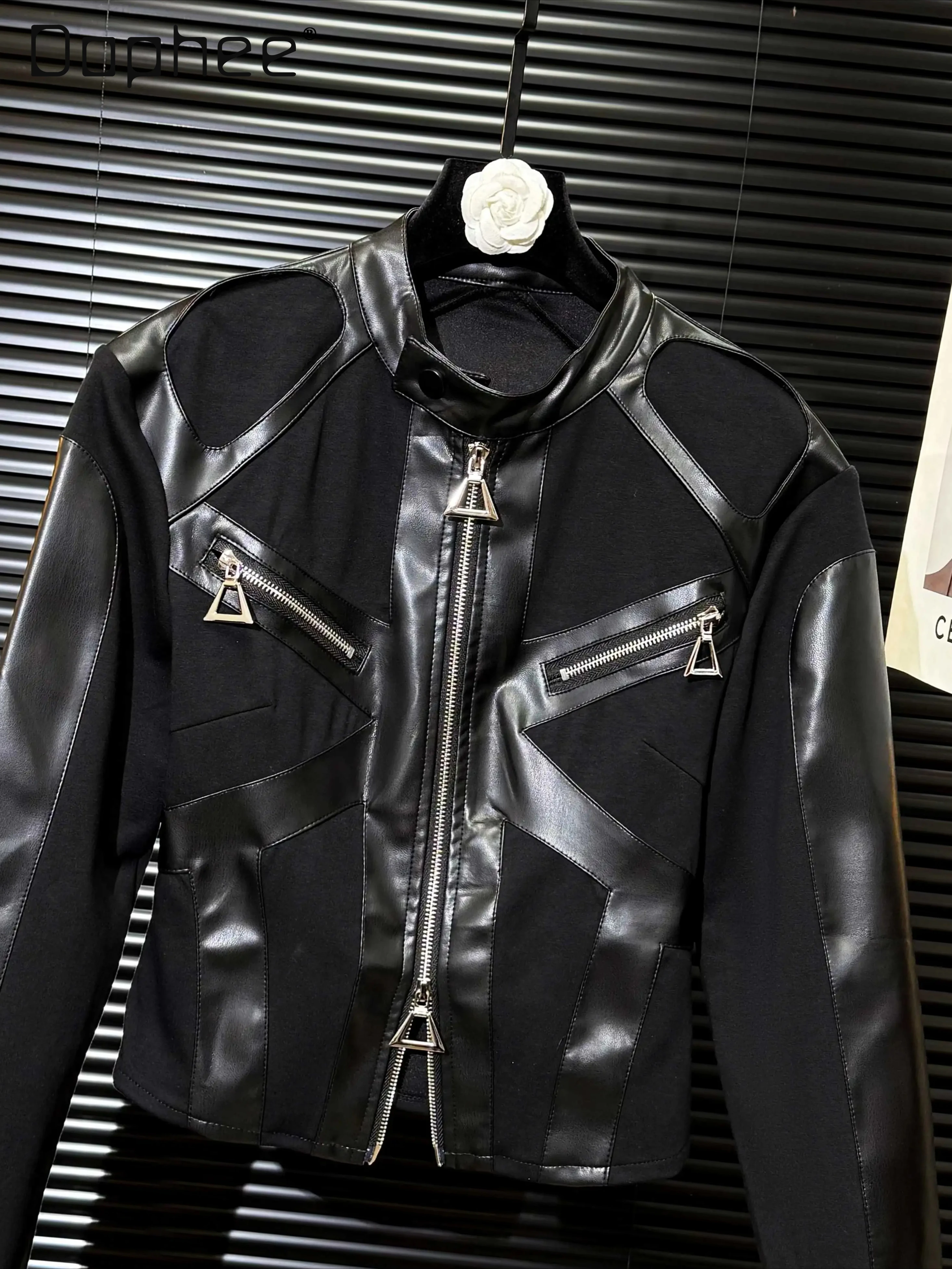 

Sweet Cool Spicy Girl Dark Cross Patchwork Leather Irregular Short Jacket Women Autumn Fashion Trend Stand Collar Slim Jackets