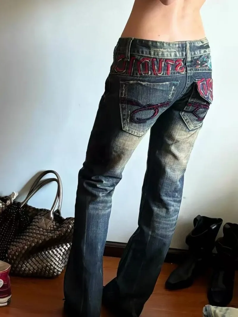 American Spice Girl Subculture Old Micro-pull Jeans Children Retro Design Sense Heavy Industry Embroidery Low-rise Floor Pants view 3