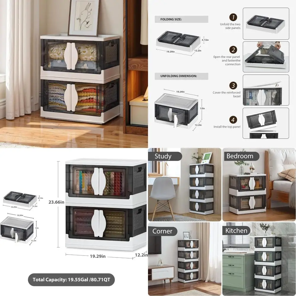 

Folding Storage Bins with Doors and Wheels, 90-Quart Capacity, Collapsible Plastic Storage Boxes for Closets, Stackable Storage