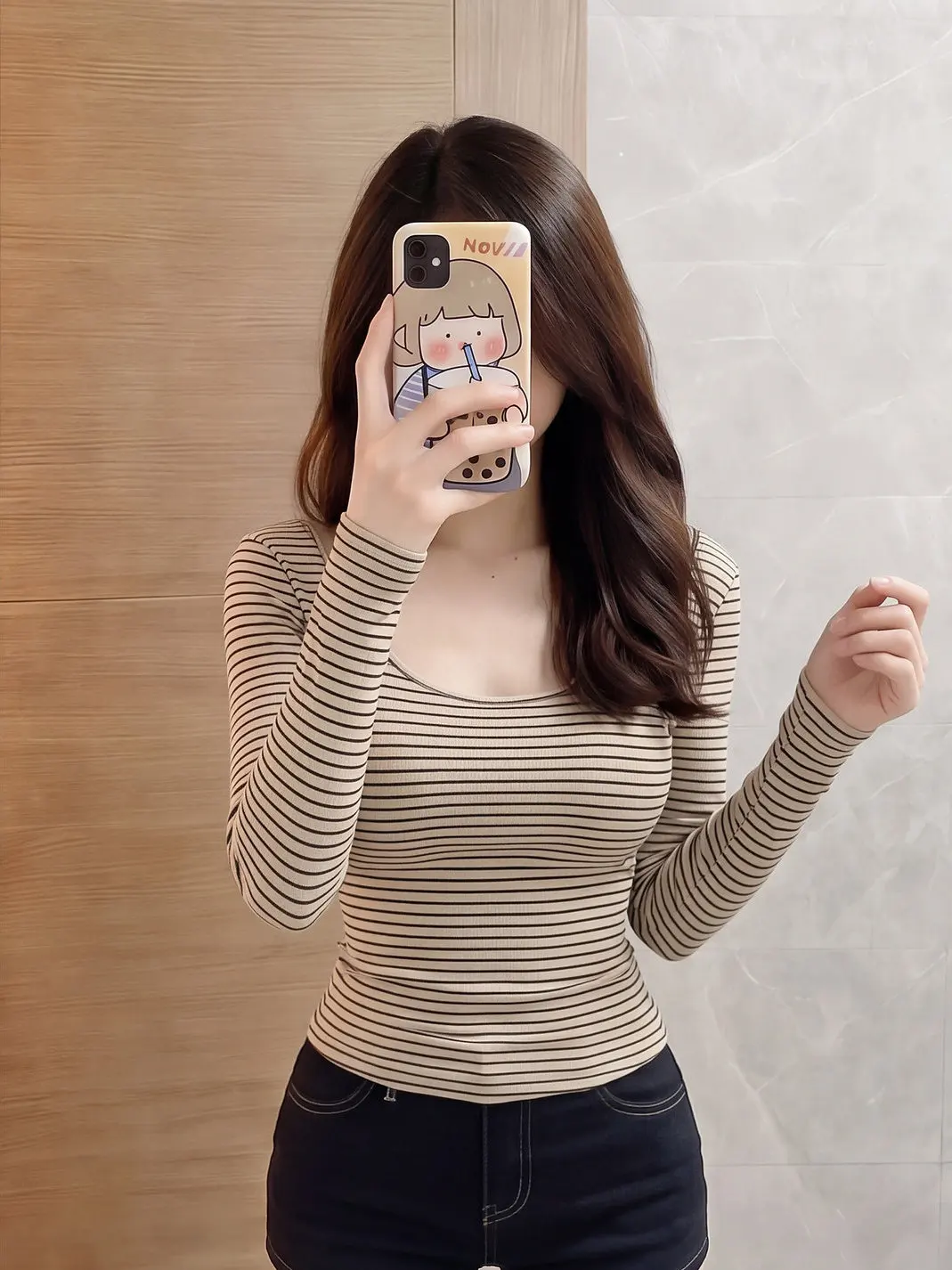 Slim Fit Long Sleeve T-Shirt Women's Autumn Casual Style One Shoulder Striped Base Shirt Sexy Exposing Clavicle Korean Version