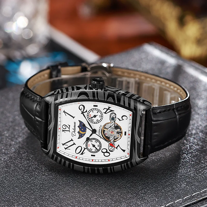 Men's Waterproof Leather Strap Automatic Mechanical Watch 'Sun Moon And Stars' Barrel-Shaped Design Luxury Timepiece