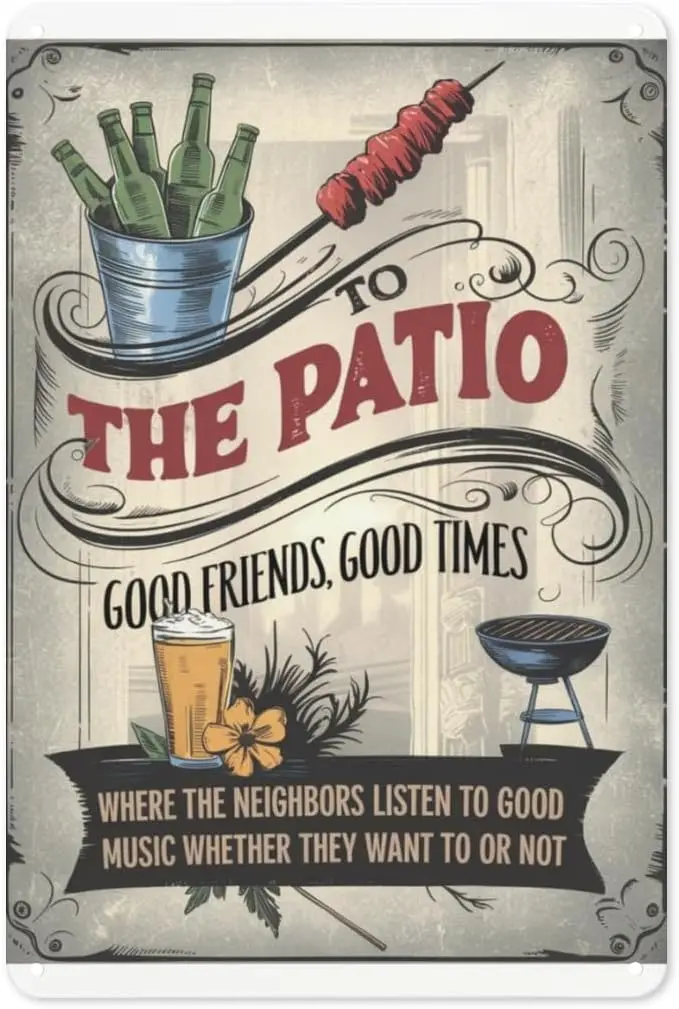 Patio Welcome Retro Metal Sign 8X12IN Grilling Music Neighbor Garden Wall Decor for Outdoor BBQ, Backyard Party & Rusti sign