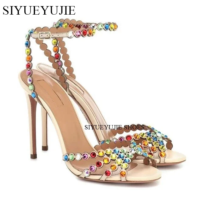 

Red Rhinestone Luxury Sandals Round Toe Thin High Heels Open Toe Buckle Strap Sandals Hottest Fashion Sexy Summer Women Shoes