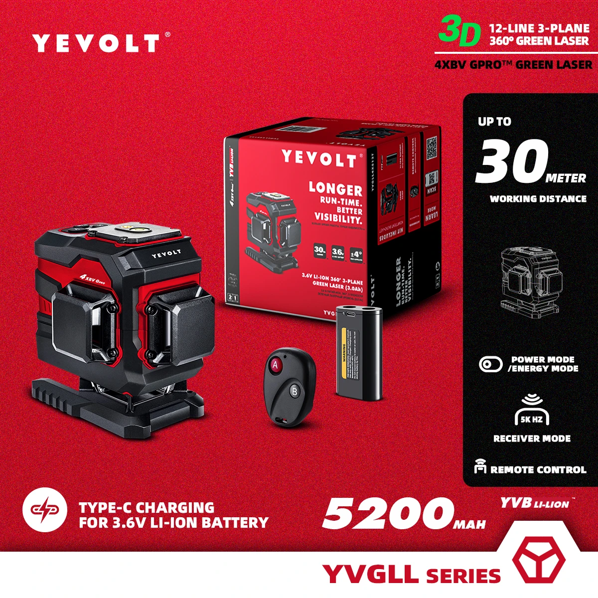 

YEVOLT YVGLL4XS12TPRO 3-Plane Green Ground Laser Level 3D 12-Line Self-Leveling 360 3D 5.2Ah Battery Machine Measuring Tool