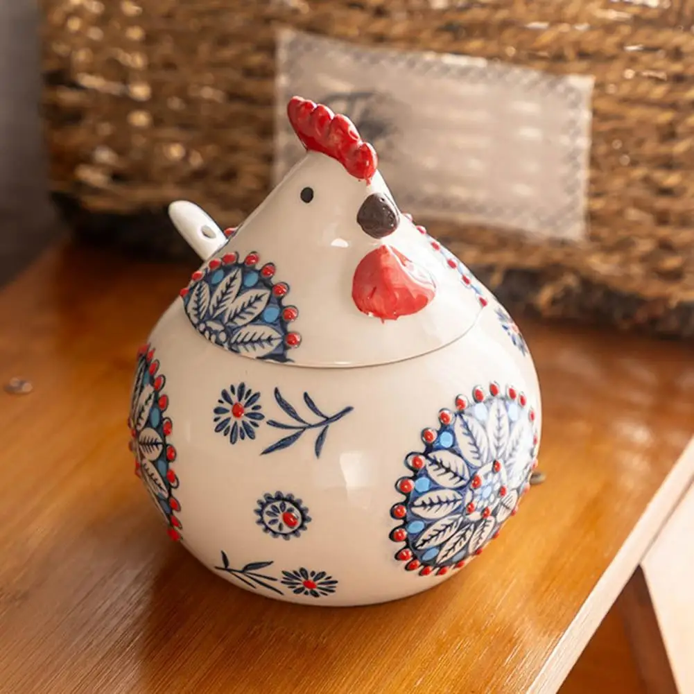 Hand-painted Spice Container Ceramic Spice Jar 400ml Rooster Shape Cookie Jar Floral Pattern Kitchen Container for Salt Pepper